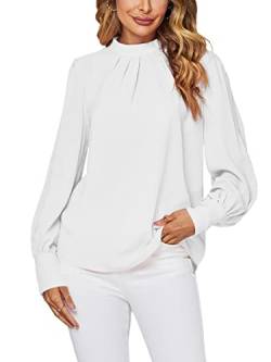 LYANER Damen Stehkragen, plissiert, solide Langarm-Bluse für Büro, Hemd, Weiß, Groß von LYANER