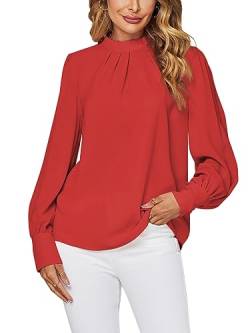 LYANER Damen Stehkragen, plissiert, solide Langarm-Bluse für Büro, Hemd, rot, Groß von LYANER