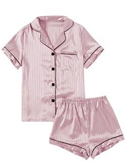 LYANER Damen Streifen Seidig Satin Pyjama Kurzarm Top mit Shorts Nachtwäsche PJ Set, Champagner-Rosa Nr. 2, S von LYANER