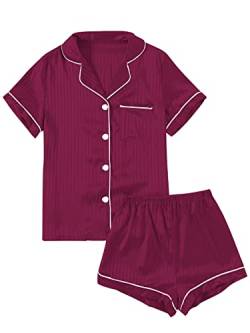LYANER Damen Streifen Seidig Satin Pyjama Kurzarm Top mit Shorts Nachtwäsche PJ Set, Dunkelviolett #2, M von LYANER