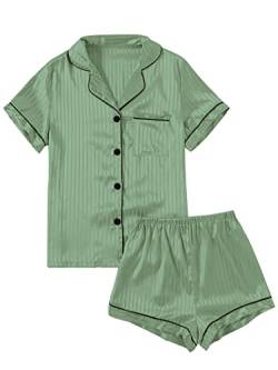 LYANER Damen Streifen Seidig Satin Pyjama Kurzarm Top mit Shorts Nachtwäsche PJ Set, Grün#2, M von LYANER