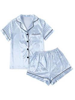 LYANER Damen Streifen Seidig Satin Pyjama Kurzarm Top mit Shorts Nachtwäsche PJ Set, Hell, blau, S von LYANER