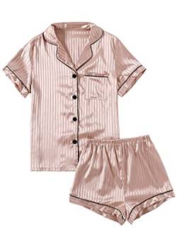LYANER Damen Streifen Seidig Satin Pyjama Kurzarm Top mit Shorts Nachtwäsche PJ Set, Khaki#2, L von LYANER