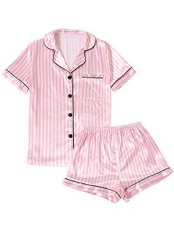 LYANER Damen Streifen Seidig Satin Pyjama Kurzarm Top mit Shorts Nachtwäsche PJ Set, Pink, XL von LYANER