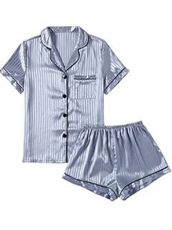 LYANER Damen Streifen Seidig Satin Pyjama Kurzarm Top mit Shorts Nachtwäsche PJ Set, Silberblau #2, L von LYANER