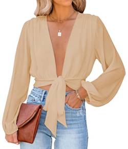 LYANER Damen Tiefer V-Ausschnitt Tie Front Knoten Langarm Sexy Wrap Crop Top Bluse, Khaki, Klein von LYANER