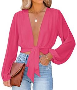 LYANER Damen Tiefer V-Ausschnitt Tie Front Knoten Langarm Sexy Wrap Crop Top Bluse, Rose, XX-Large von LYANER