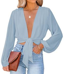 LYANER Damen Tiefer V-Ausschnitt Tie Front Knoten Langarm Sexy Wrap Crop Top Bluse, dusty blue, Klein von LYANER