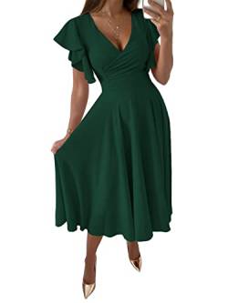 LYANER Damen Warp V Ausschnitt Rüschen Kurzarm A Linie Swing Ausgestellt Cocktail Party Midi Kleid, Dunkelgrün, Groß von LYANER