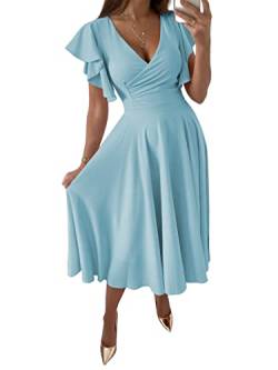 LYANER Damen Warp V Ausschnitt Rüschen Kurzarm A Linie Swing Ausgestellt Cocktail Party Midi Kleid, Himmelblau, Mittel von LYANER