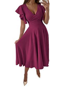 LYANER Damen Warp V Ausschnitt Rüschen Kurzarm A Linie Swing Ausgestellt Cocktail Party Midi Kleid, Magenta, Klein von LYANER