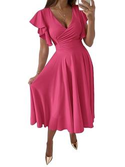 LYANER Damen Warp V Ausschnitt Rüschen Kurzarm A Linie Swing Ausgestellt Cocktail Party Midi Kleid, Rose, Mittel von LYANER