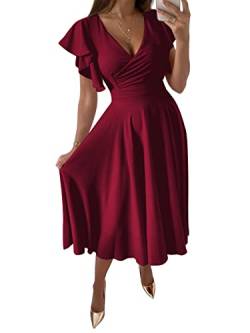 LYANER Damen Warp V Ausschnitt Rüschen Kurzarm A Linie Swing Ausgestellt Cocktail Party Midi Kleid, Weinrot, X-Groß von LYANER