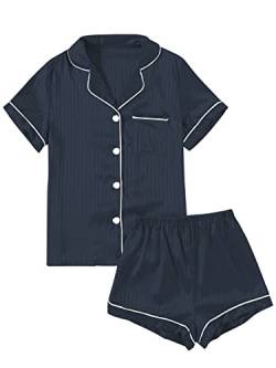 LYANER Damen gestreifter Seidiger Satin Pyjama Kurzarm Top mit Shorts Nachtwäsche PJ Set, Dunkelblau #2, S von LYANER