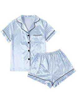 LYANER Damen gestreifter Seidiger Satin Pyjama Kurzarm Top mit Shorts Nachtwäsche PJ Set, Hell, blau, XS von LYANER