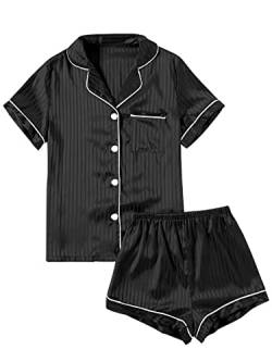 LYANER Damen gestreifter Seidiger Satin Pyjama Kurzarm Top mit Shorts Nachtwäsche PJ Set, Schwarz #2, S von LYANER