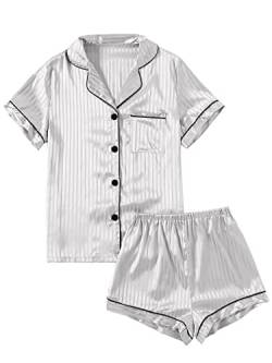 LYANER Damen gestreifter Seidiger Satin Pyjama Kurzarm Top mit Shorts Nachtwäsche PJ Set, Weiß#2, L von LYANER