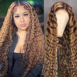 LYBYL Echthaar Perücke Blond Lace Front Wig 4X4 Lace Closure Wig Glueless Wig P4/27 Highlight Wig Ombre Water Wave Human Hair Wig 200% Density 9A Brazilian Hair Wigs 16 Zoll(40.64cm) von LYBYL