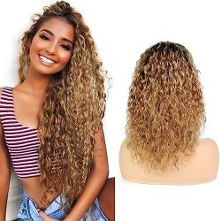 LYBYL Echthaar Perücke Blonde Human Hair Wig 4X4 Lace Front Wig Ombre Jerry Curly Wig 4X4 Swiss Lace Closure Wig With Baby Hair Honey Blonde Brazilian Virgin Hair Wigs 24 Zoll(60.96cm) von LYBYL