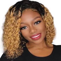 LYBYL Echthaar Perücke Blonde Lace Front Wig Huamn Hair Wig Bob 1B27 Color 9A Brazilian Virgin Hair Wig 4X4 Transparent Lace Closure Wig With Baby Hair Water Wave Wig 14 Inch(35.55cm) von LYBYL