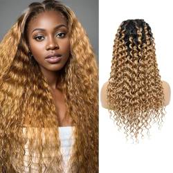 LYBYL Echthaar Perücke Human Hair Wig 1B27 Water Wave Wig 4x4 Transparent Lace Front Wigs For Black Women Natural Hairline 180% Density Glueless Wig For Women 30 Inch（76.2cm） von LYBYL