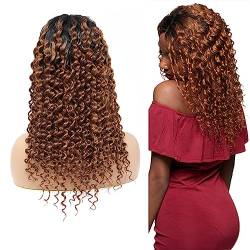 LYBYL Echthaar Perücke Human Hair Wig 4x4 Lace Front Wig T1B/30 Honey Brown Color HD Lace Front Wig Human Hair Kinky Curly Wig 9A Brazilian Virgin Hair Wig 20 Zoll(50.8cm) von LYBYL