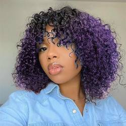 LYBYL Echthaar Perücke Human Hair Wig Bob Wig Ombre 4x4 Free Part Lace Front Wig 9A Brazilian Virgin Hair Wig 1B/Purple Two Tone Water Wave Wig For Women 12 Zoll(30.48cm) von LYBYL