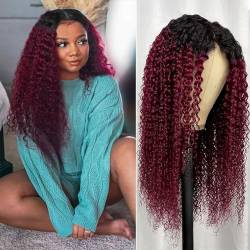 LYBYL Echthaar Perücke Human Hair Wig For Black Women T/1B99J Kinky Curly Wig 4x4 Lace Front Wig Red Peruvian Virgin Hair Wig Lace Front Wig Human Hair 20 Zoll(50.8cm) von LYBYL