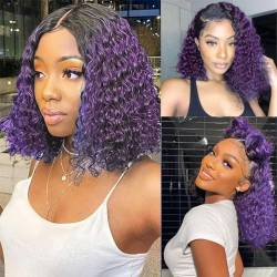LYBYL Echthaar Perücke Human Hair Wig Lace Front Wig Ombre Wig 4x4 Free Part Lace Closure Wig With Natural Hairline 1B/Purple Water Wave Wig Brazilian Virgin Hair Wig 14 Zoll(35.55cm) von LYBYL
