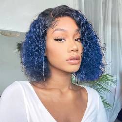 LYBYL Echthaar Perücke Human Hair Wig Short Bob Wig 4x4 Free Part Lace Front Wigs Peruvian Hair Wigs 1B/Blue Color Body Wave Glueless Wig Water Wave Wet And Wavy 10 Zoll(25.4cm) von LYBYL