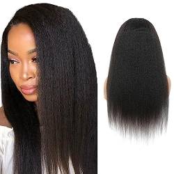 LYBYL Echthaar Perücke Human Hair Wig Yaki Straight Wig 4X4 Free Part Lace Front Wig With Baby Hair Natural Black Color 200% Density Kinky Straight Wig For Women 28 Zoll(71.12cm) von LYBYL