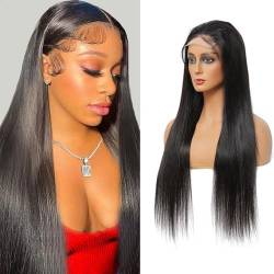 LYBYL Echthaar Perücke human hair wig 4X4 Transparent Lace Closure Wigs With Baby Hair Remy Virgin Brazilian Straight Human Hair Wigs For Women 180% Density 20 Zoll(50.8cm) von LYBYL