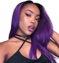 LYBYL Human Hair Bob Wig Echthaar Perücke 4X4 Free Part Lace Closure Wig Pre Plucked Bleached Knots Remy Brazilian Hair Wigs For Women Ombre Wig Two Tone 1B/Purple Wig Cosplay 14 Zoll(35.55cm) von LYBYL