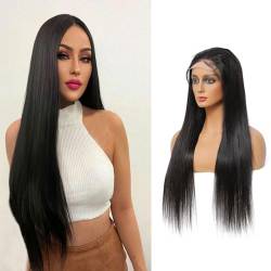 LYBYL Human Hair Wig Lace Front Wig 4X4 Free Part Lace Closure Wig For Black Women Glueless Wig Straight Brazilian Virgin Hair Wigs 200% Density 1B Color 16 Zoll（40.64 cm） von LYBYL