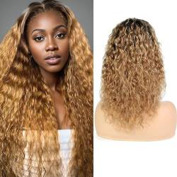 LYBYL Human Hair Wig Lace Front Wig Echthaar Perücke 4X4 Lace Closure Wig Human Hair Black To Blonde Ombre Wig 1B/27 Brazilian Virgin Hair Wigs Kinky Curly 16 Zoll(40.64cm) von LYBYL