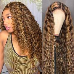 LYBYL Human Hair Wig Perücke Damen Echthaar 9A Brazilian Virgin Hair Wig 4x4 Lace Front Wig Pre Plucked With Baby Hair P427 Ombre Blonde Water Wave Wig For Women 24 Zoll(60.96cm) von LYBYL