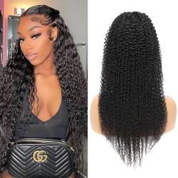 LYBYL Human Hair Wig Perücke Damen Echthaar Perücke 4X4 Lace Front Wig Kinky Curly Lace Wig With Baby Hair Peruvian Real Virgin Hair For Women Natural Black Color 26 Inch(66.04cm) von LYBYL