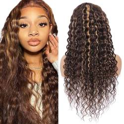 LYBYL Lace Front Wig Echthaar Perücke Blond Kinky Curly Human Hair Wigs 4X4 Lace Front Wigs Human Hair Highlight Wig Ombre P4/27 Blonde Lace Front Wigs 16 Zoll(40.64cm) von LYBYL
