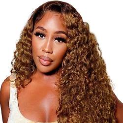 LYBYL Lace Front Wig Echthaar Perücke Blonde Ombre Honey Blonde Wigs 1B/27 Transparent Lace Wig Jerry Curly Wig 4X4 Lace Closure Wig With Baby Hair Ombre Wigs 22 Inch(55.88cm) von LYBYL
