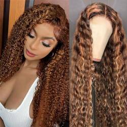 LYBYL Lace Front Wig Perücke Damen Human Hair Wig Ombre Highlight Wig 4X4 Lace Closure Wig Jerry Curly Wig With Baby Hair P4/30 Color Brazilian Hair Wig Wet And Wavy Wig 28 Zoll(71.12cm) von LYBYL