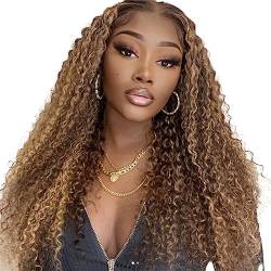 LYBYL Perücke Damen Human Hair Wig 4X4 Lace Front Wig Jerry Curly Wig With Baby Hair Pre Plucked P4/30 Color Highlight Wig Wet And Wavy Wig 180% Density 26 Zoll(66.04cm) von LYBYL