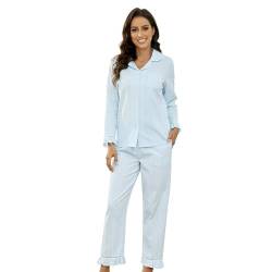 LYCY Schlafanzug Damen lang 100% Baumwolle, Pyjama Damen lang Set Schlafanzug Langarm zum Knöpfen leicht süß weich Baumwoll Pyjama Nachtwäsche (Hellblau, L) von LYCY