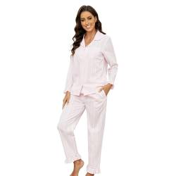 LYCY Schlafanzug Damen lang 100% Baumwolle, Pyjama Damen lang Set Schlafanzug Langarm zum Knöpfen leicht süß weich Baumwoll Pyjama Nachtwäsche (Hellrosa, M) von LYCY