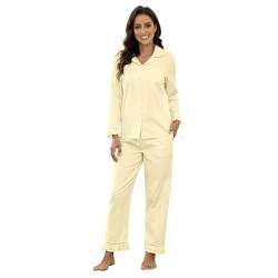 LYCY Schlafanzug Damen lang 100% Baumwolle, Pyjama Damen lang Set Schlafanzug Langarm zum Knöpfen leicht süß weich Baumwoll Pyjama Nachtwäsche (Kanariengelb, M) von LYCY