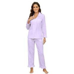 LYCY Schlafanzug Damen lang 100% Baumwolle, Pyjama Damen lang Set Schlafanzug Langarm zum Knöpfen leicht süß weich Baumwoll Pyjama Nachtwäsche (Lavendel, L) von LYCY