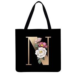 LYEAA 26 A-Z Alphabet-Buchstaben Blumen bedruckte Tragetasche for Frauen, Schulter-Einkaufstasche Geschenk lässige Damen große Kapazität Tragetasche Handtaschen Strandtasche 40 x 40 cm, N von LYEAA