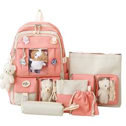 LYEAA 5Pcs Canvas Schulrucksack Combo Set, Kawaii Schule Rucksäcke for Mädchen Student, rose, 43x30x13cm von LYEAA