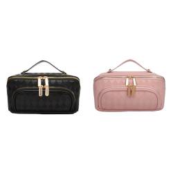 LYEAA Damen Kosmetiktasche mit Diamantgitter – großes Fassungsvermögen, Reißverschluss, Make-up-Aufbewahrung, Handtasche für Reisen und Zuhause, Schwarz / Pink, modisch von LYEAA