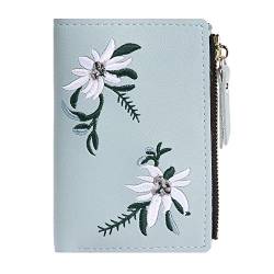 LYEAA Einfache Geldbörse für Damen, Blumenstickerei, kurze Geldbörse, PU-Leder, Münzkartenhalter, Mini-Clutch-Geldbörsen, grün, Blumenstickerei von LYEAA