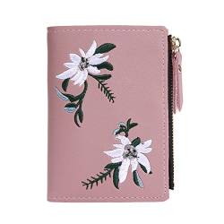 LYEAA Einfache Geldbörse für Damen, Blumenstickerei, kurze Geldbörse, PU-Leder, Münzkartenhalter, Mini-Clutch-Geldbörsen, rose, Blumenstickerei von LYEAA